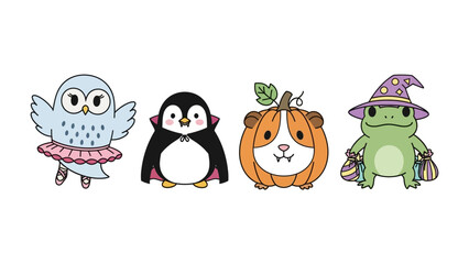 Whimsical Halloween Characters: A delightful set of four cartoon characters in Halloween costumes, inviting a sense of playful celebration.
