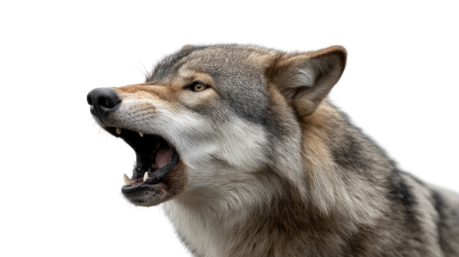 The Howling Wolf Portrait: A close-up portrait of a powerful gray wolf, its mouth wide open in a fierce howl, a testament to the wild and untamed spirit of nature.