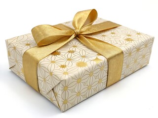 A gift bag with tissue paper and a wrapped present with holly berries on a white surface indoors studio