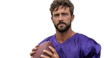 Football Player's Gaze: A determined football player with a strong gaze, ready for the upcoming game. Holds a football in his hands. The scene highlights his readiness and determination.