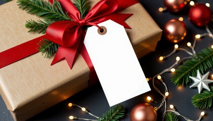 Obraz premium Beautifully Wrapped Gift with Festive Red Bow and Blank Tag Surrounded by Elegant Copper Baubles and Twinkling Lights on a Dark Background
