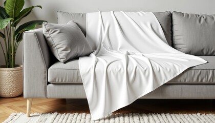 Contemporary gray sofa adorned with a soft white blanket and plush gray cushion in a modern living room setting featuring a potted green plant and textured rug