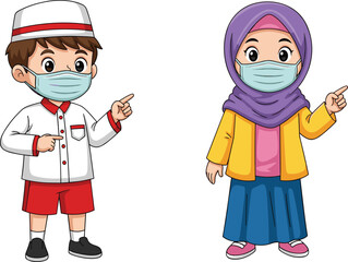 Cartoon Children Wearing Face Masks – Boy and Girl in Diverse Outfits – Vector Icons for Health, Safety, Education, Hygiene Themes