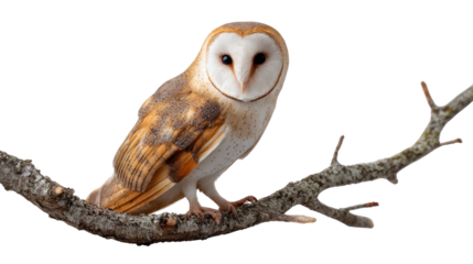 Barn Owl on a Branch: A captivating portrait of a majestic barn owl, perched gracefully on a weathered branch. Its intelligent gaze and striking features convey a sense of mystery and wisdom.