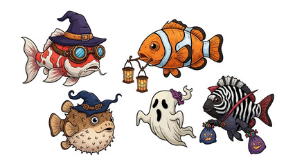 Underwater Halloween Party: A whimsical illustration presents a festive underwater Halloween celebration, complete with creatively costumed fish and spooky elements.