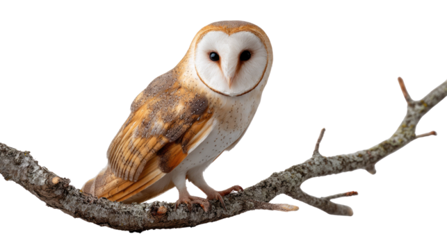 Barn Owl on a Branch: A captivating portrait of a majestic barn owl, perched gracefully on a weathered branch. Its intelligent gaze and striking features convey a sense of mystery and wisdom.