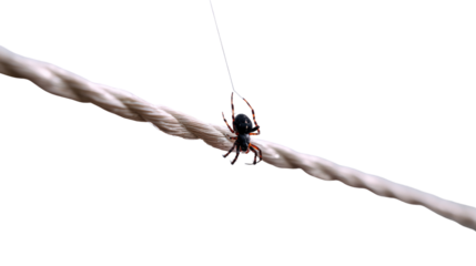 Spider's Silken Descent: An arachnid gracefully traverses a tightly-coiled thread, showcasing nature's architectural marvel, amidst a clean backdrop.