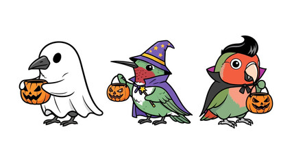 Whimsical Halloween Trio: Three adorable birds, each costumed in playful Halloween attire, joyfully carry miniature pumpkin buckets filled with treats.