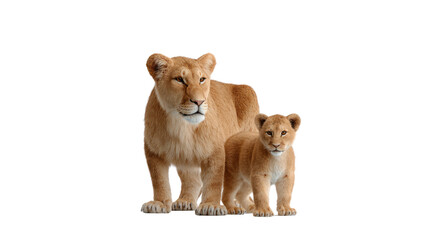 Lioness and Cub: A protective lioness stands proudly alongside her cub, a tender moment of familial affection and the untamed beauty of the animal kingdom.