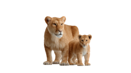 Lioness and Cub: A protective lioness stands proudly alongside her cub, a tender moment of familial affection and the untamed beauty of the animal kingdom.