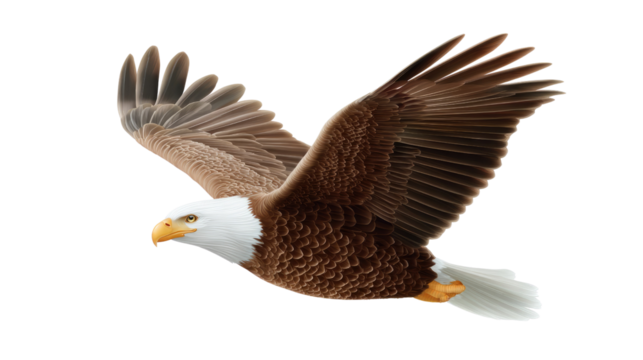 Majestic Bald Eagle in Flight: The powerful bald eagle soars gracefully through the air, showcasing its impressive wingspan and iconic white head. A symbol of freedom and strength.