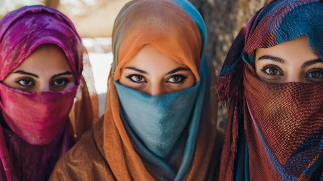 group of young muslim women wearing islamic niqab looking at the camera	
