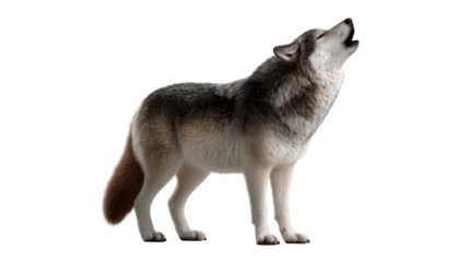 Wolf in Lone Call: A majestic wolf stands in stark relief, silhouetted in a pristine environment, head thrown back in a haunting howl, its raw emotion resonating against the backdrop of nature.