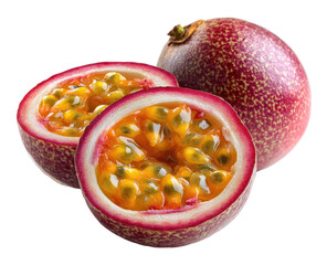 Two halves of a passion fruit, vibrant pink-red skin, revealing a juicy, golden-yellow interior with tiny seeds