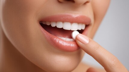 Obraz premium Detailed shot of a woman's perfect white teeth and full lips while placing a pill on her tongue. Highlights dental care, beauty, and oral health concepts.