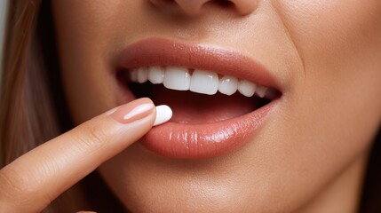 Naklejka premium Close-up of a woman's mouth as she takes a small white pill with her fingertip. Represents medication, treatment, pain relief, or regular supplement intake.