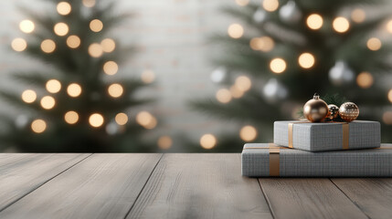 Cozy holiday scene with wrapped gifts and shiny baubles on wooden table with blurred Christmas tree lights creating warm festive mood