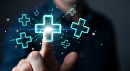 Naklejka premium Hand touching glowing digital plus signs representing growth and innovation