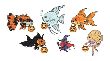 Whimsical Fish in Halloween: Charming illustrations of fish adorned with Halloween costumes, each clutching a pumpkin pail, showcasing creative artistry.