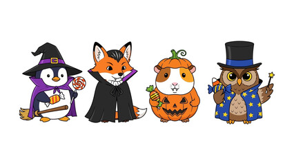 Spooky Friends: An enchanting gathering of adorable animals in whimsical Halloween costumes, each with a unique personality. Embrace the magic of the holiday with a playful penguin, a sly fox.
