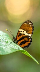 Obraz premium Orange and black butterfly perched on a vibrant green leaf, soft-focus background