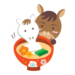 お雑煮とかわいい馬のイラスト　午年　干支　年賀