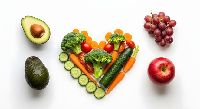 World Vegetarian Day concept, fresh assortment of colorful vegetables and fruits such as broccoli, carrots, tomatoes, bell peppers, apples, and leafy greens arranged neatly on a clean white background
