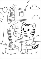 A cute blocky tiger character building a treehouse with tools, designed as a black-and-white coloring page for kids.