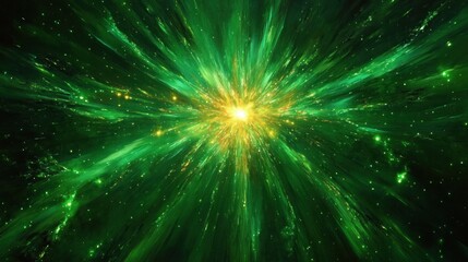 Bright burst of green and yellow light radiating outward in a cosmic space scene resembling a star explosion or energetic nebula