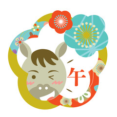 年賀用の馬と梅のイラスト　午年　干支　年賀