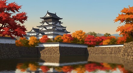 Traditional Japanese Castle with Moat and Vibrant Autumn Foliage