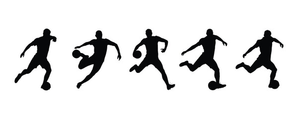 Soccer player silhouette vector on white background. football, sport, man, male, athlete, action, motion, person, people, kick, ball, symbol.