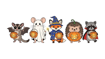 Obraz premium Halloween Animals Parade: Cute cartoon animals celebrate Halloween with a parade of charming characters dressed in festive costumes, holding carved pumpkins.