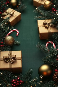 Festive arrangement of golden gift boxes with brown ribbons surrounded by pine branches, red berries, candy canes, and gold Christmas ornaments on dark green background