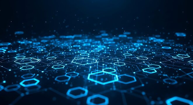 Abstract glowing blue hexagonal network grid on a dark background