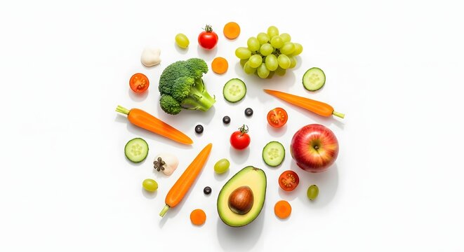 World Vegetarian Day concept, fresh assortment of colorful vegetables and fruits such as broccoli, carrots, tomatoes, bell peppers, apples, and leafy greens arranged neatly on a clean white background
