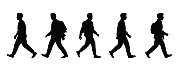Walking man silhouette set vector on white background. person, people, walk, male, figure, human, movement, motion, activity, symbol.