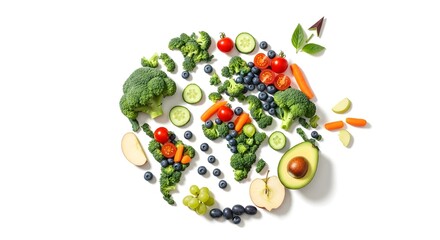 World Vegetarian Day concept, fresh assortment of colorful vegetables and fruits such as broccoli, carrots, tomatoes, bell peppers, apples, and leafy greens arranged neatly on a clean white background