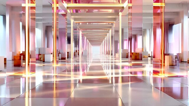Endless mirrored corridor with glowing neon lights and white cube furniture