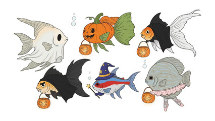 Spooky Fish and Pumpkins: Halloween-themed illustration featuring colorful, costumed fish holding pumpkin lanterns, ideal for festive graphic designs. 