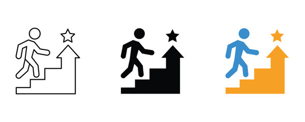 Man climbing stairs to reach star icon set vector on white background. achievement, career, development, progress, challenge, opportunity, motivation, symbol.