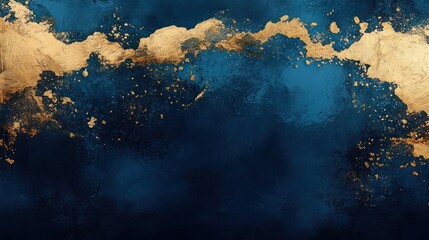 Abstract dark blue textured background with irregular gold metallic accents and splatters creating a rich, luxurious, and artistic effect