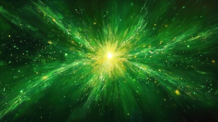 Naklejka premium Bright yellow starburst radiating dynamic green and yellow streaks with scattered glowing particles creating a cosmic energetic scene