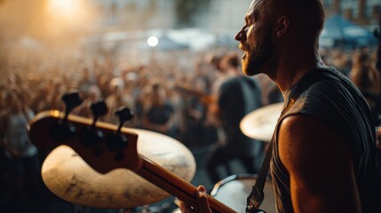 Close-up of a sweaty musician playing a bass guitar on stage at a crowded live concert. Emotional performance illustrating the energy of a music festival.