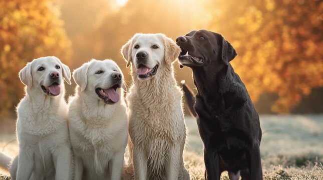 Group of Labradors sitting together in autumn sunlight outdoors
