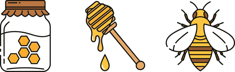 Honey jar, dipper, and bee vector illustration showing honey production process, nature elements, food concept, and black and white design