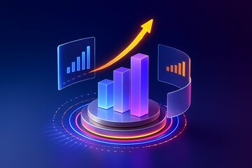 Futuristic 3d holographic display shows upward trending financial charts and bar graphs on a dark background
