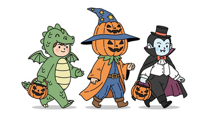 Halloween Parade: Three charming characters in elaborate costumes parade through a delightful Halloween scene, each holding a pumpkin bucket.