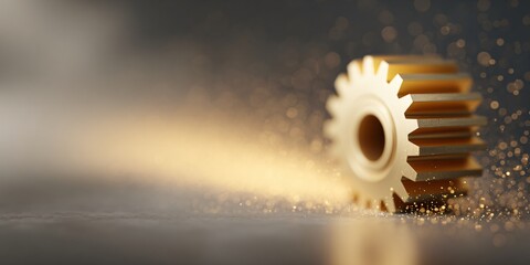 Dynamic spinning gear teeth under golden light industrial setting macro closeup detailed view mechanical concept