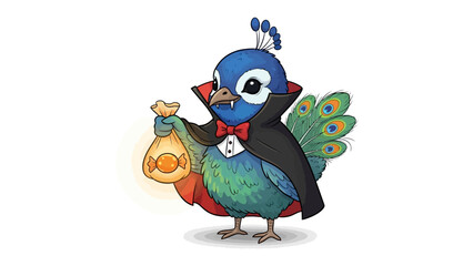 Peacock Vampire : A whimsical illustration of a peacock dressed as a vampire, holding a bag of treats. Perfectly suited for seasonal themes.